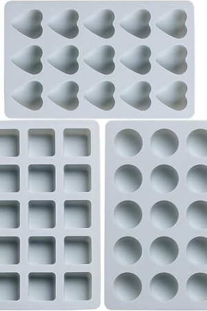 3 Pieces Candy and Chocolate Silicone Molds Set Non-stick Including Heart, Round, Square Baking Mold for Hard Candy, Gummy, Hot Caramel, Ice, Cake, Jello, Ganache (Blue)