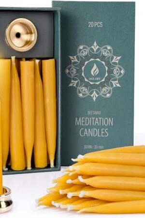20 Minute Pure Beeswax Candles, Dripless Meditation Candles, Mini Taper Candles, Set of 20 with Brass Candle Holders.