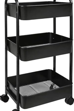 3-Tier Rolling Utility Cart with Caster Wheels,Easy Assembly, for Kitchen, Bathroom (Black)