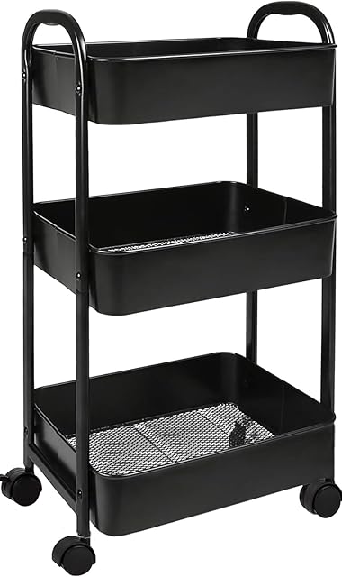 3-Tier Rolling Utility Cart with Caster Wheels,Easy Assembly, for Kitchen, Bathroom (Black)