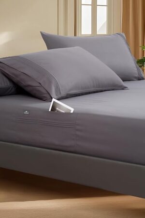 Deep Pocket Queen Fitted Sheet with Straps - Fits Mattresses Up to 21" Thick - 3 PCS Bed Sheets - Moisture Wicking, Cooling & Soft Fitted Sheet & Pillow Cases (Grey)