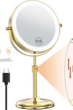 Benbilry Lighted Makeup Mirror with 3 Color Lights & 10X Magnification, Adjustable Brightness & Height, 7 Inch 360° Swivel Rechargeable 10X LED Magnifying Vanity Mirror with Light, Gold