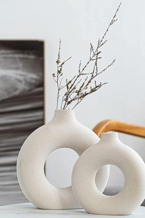 White Ceramic Vases- 2 for Modern Home Decor, Round Matte Boho Vase for Decor, Ceramic Minimalist Nordic Style for Wedding Dinner Table Living Room Office