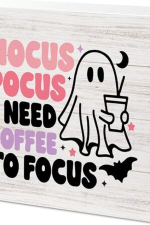 Cute Halloween Decor, Halloween Decorations Indoor, Hocus Pocus I Need Coffee to Focus Sign, Coffee Sign Decor, Halloween Decor Decorations for Home Coffee Bar Shop Station 5 x 5 inch