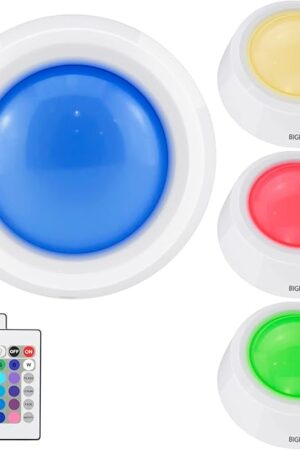 BIGLIGHT Battery Operated Closet Lights with RGB, Wireless Tap Light, LED Puck Lights, Remote Controlled Color Changing, Stick on Voice Level Lights for Classroom， 4 Pack
