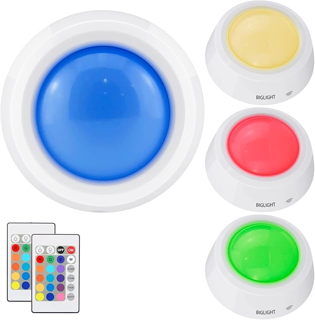 BIGLIGHT Battery Operated Closet Lights with RGB, Wireless Tap Light, LED Puck Lights, Remote Controlled Color Changing, Stick on Voice Level Lights for Classroom, 4 Pack