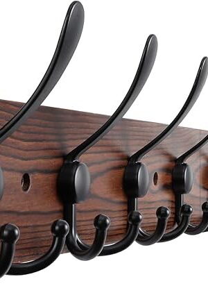 32.2'' Large Coat Rack Wall Mount Coat Hooks Coat Hanger with 8 Metal Black Triple- Hooks Brown Pine Real Wood Plank Hat Rack for Wall Hooks for Hanging Coat Hat Jacket