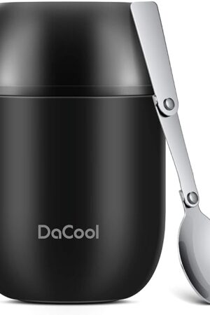 DaCool Insulated Lunch Container Insulated Food Jar 16 oz Stainless Steel Vacuum Bento Hot Lunch Box for Kids with Spoon Leak Proof Hot Cold Food for School Office Picnic Travel Outdoors - Black