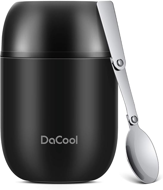 DaCool Insulated Lunch Container Insulated Food Jar 16 oz Stainless Steel Vacuum Bento Hot Lunch Box for Kids with Spoon Leak Proof Hot Cold Food for School Office Picnic Travel Outdoors - Black