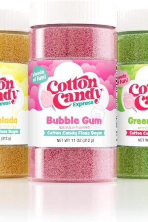 Cotton Candy Express Floss Sugar Variety Pack with 3 - 11oz Plastic Jars of Bubble Gum, Green Apple, Pina Colada Flossing Sugars. Use With Cotton Candy Express Countertop Machine
