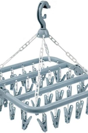 Clothes Drying Hanger with 32 Clips and Drip Foldable Hanging Rack (Light Blue)