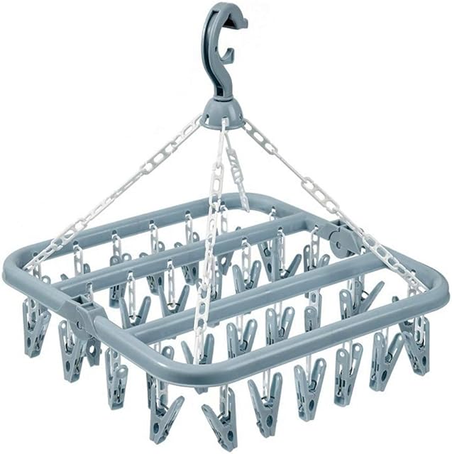 Clothes Drying Hanger with 32 Clips and Drip Foldable Hanging Rack (Light Blue)