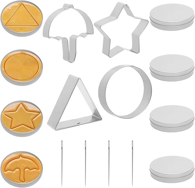 4 Set Korean Dalgona Cookie Kit, Squid Sugar Game Cookie Set with Stainless Steel Round, Star, Umbrella, Triangle Cookie Cutters for DIY Baking & Home Party