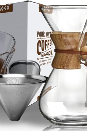 AGOGO Pour Over Coffee Maker Glass - 6/8/10 Cup Barista Kit with 304 Stainless Filter for Home, Office, Camping, Cafes - Easy Clean Coffee Dripper Set (Rag&Brush Included) (8 Cup/28 oz)