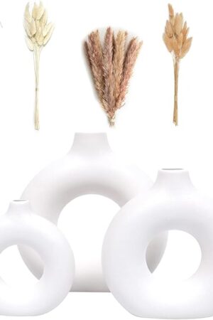 VELOVA Set of 3 White Ceramic Vase with 65 PCS Dried Pampas Grass Flowers Aesthetic Boho Modern Small Round Cute Vases for Decor Living Room Coffee Table Shelf Bedroom Office Desk Home Gifts Women Mom