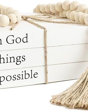 Decorative Books for Home Decor, White Faux Books for Decoration, Rustic Farmhouse Stacked Display Books (with God All Things are Possible)