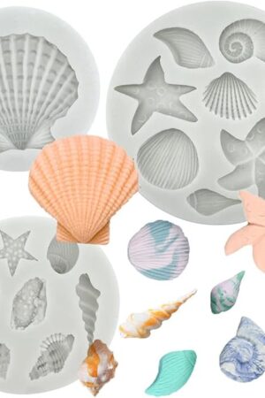3 PCS Marine Theme Cake Fondant Silicone Mold Seashell Conch Starfish Coral Baking Molds for DIY Cake Decoration Chocolate Candy Polymer Clay Crafting Projects