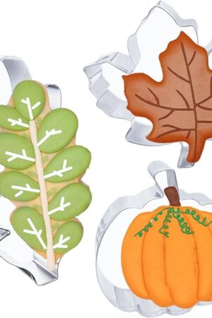 3 Pcs Fall Leaves Cookie Cutters, Large Size 3.2" to 4.5" Thanksgving Cookie Cutter Holiday Themed Shapes of Maple Leaf, Oak Leaf, Pumpkin