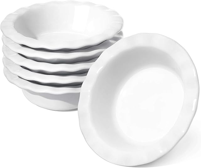 LE TAUCI Mini Pie Pans, 6.5 Inch Pie Plate Ceramic, 12 Ounce Pie Dish Ramekins, Individual Chicken Pot Pie, Ruffled Edge Bowls, Set of 6, White