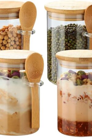 4 Pack Overnight Oats Glass Containers with Lids and Spoons, 17 OZ Glass Jars with Spoons and Lids for Loose Tea, Meal Prep Jars with Bamboo Cover for Chia Pudding, Yogurt
