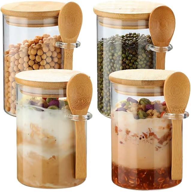 4 Pack Overnight Oats Glass Containers with Lids and Spoons, 17 OZ Glass Jars with Spoons and Lids for Loose Tea, Meal Prep Jars with Bamboo Cover for Chia Pudding, Yogurt