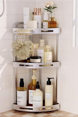 Corner Shower Caddy Standing, 3 Tier Shower Organizer Stand with Soap Holder, Rustproof Shower Shelves for Bathroom Storage, Silver