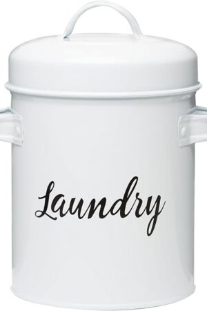 Amici Home Launderette Metal Canister | Laundry Detergent Storage Tin | 64 Ounce Capacity | Farmhouse Décor | Laundry Powder Container with Handles, White