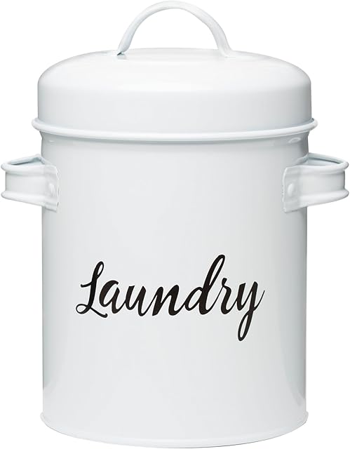 Amici Home Launderette Metal Canister | Laundry Detergent Storage Tin | 64 Ounce Capacity | Farmhouse Décor | Laundry Powder Container with Handles, White