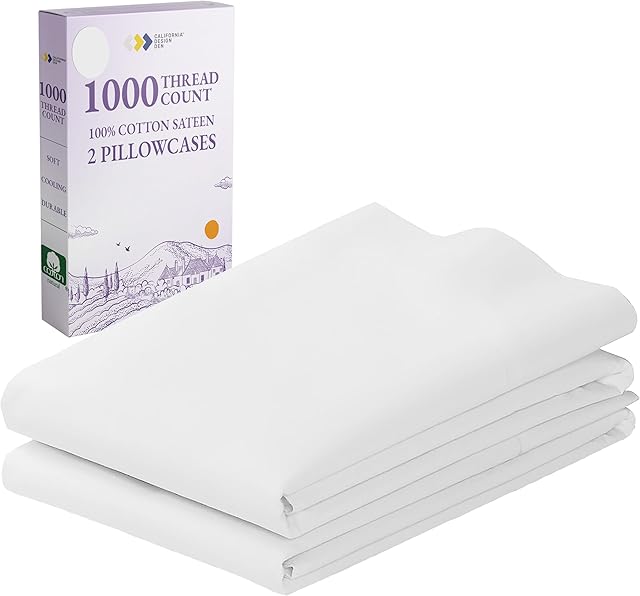 California Design Den Pillow Cases Standard Size Set of 2 - Luxury 1000 Thread Count Sateen, Soft and Thick 100% Cotton Pillowcases Queen/Standard, Breathable and Durable, Hotel Quality - White
