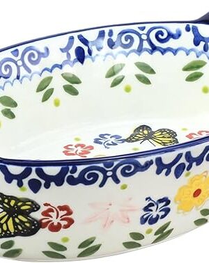 Vintage Butterfly and Flower Pattern Pie Pan, Chicken Shape Ceramic Bakeware Casserole Dish Baking Pan Bakers Lasagna Pans Soup Bowl Baking Dish for Oven to Table-Blue-25 OZ