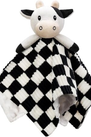Cow High Contrast Baby Security Blanket for Babies, Soft 3D Checkerboard Lovey with Minky Dot Fabric Backing, Newborn Boys and Girls Snuggle Stuffed Animal Blankie 14 Inch