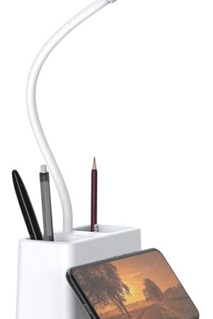 AXX Rechargeable Small Desk Lamp for Home Office Bedroom, Study Table Light for Kids Teens, White, LED, Pen Holder, Mini, Gooseneck, College Dorm Room Lighting for Computer Keyboard Desktop Task