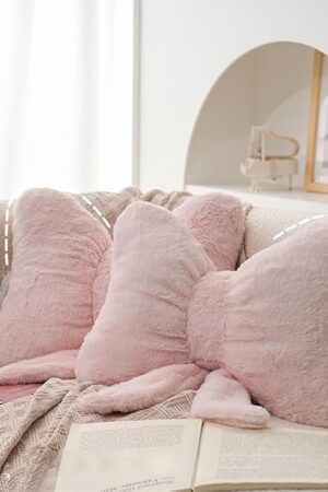 2Pack Soft Furry Bow Throw Pillows Cute Bowknot Plush Pillow Home Decor Stuffed Bow Lumbar Pillow for Bed Couch Living Room Decor (Pink)