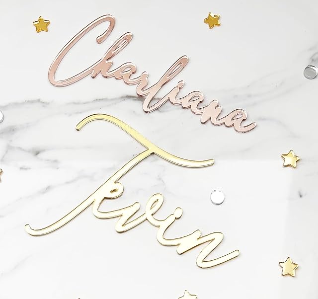 Custom Acrylic Cake Name Plaque | Custom Cake Name Sign | Made in the USA | Wedding Place Card | Gold Mirror Acrylic | Customizable Cake Topper Decoration for Birthday,BabyShower,Wedding