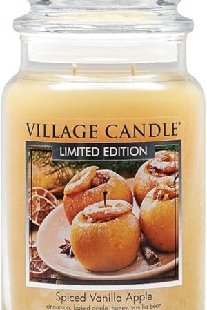 Village Candle Spiced Vanilla Apple, Large Glass Apothecary Jar Scented Candle, 21.25 oz, Ivory