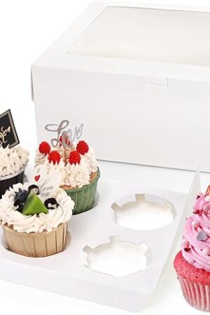 Yesland 30 Pack White Jumbo Cupcake Boxes, 6 Cupcake Containers with Windows, Handle Tray and Inserts, 10 x 6.8 x 4inch Tall Paper Cupcake Holder Carrier for Muffins, Standard or High Creams Cupcakes