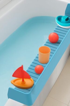 Bathtub Splash Guard for Tub Kids, Longer Silicone Water Splash Guard for Bathtub, Toy Holder Play Shelf for Bathtime, Prevents Water Spills in Bathroom
