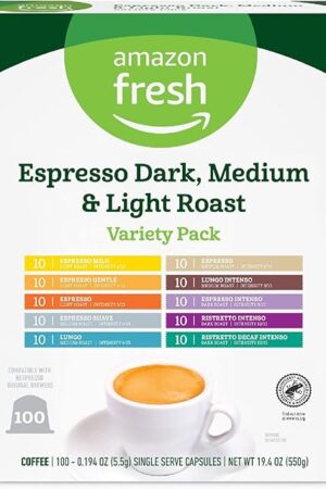 Amazon Fresh Espresso Dark, Medium & Light Roast Aluminum Capsules, Variety Pack, Compatible with Nespresso Original Brewers, 100 Count (10 Packs of 10)