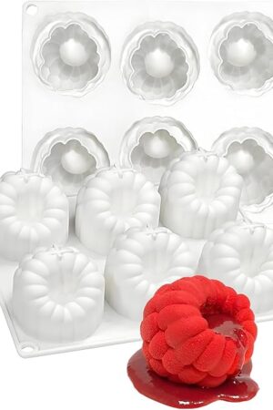 6-Cavity Raspberry Silicone Molds for Mousse Cake, Large Fluted Design, White