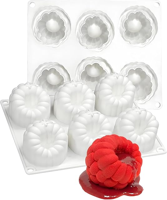 6-Cavity Raspberry Silicone Molds for Mousse Cake, Large Fluted Design, White