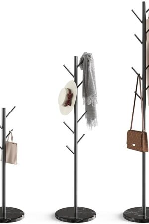 Coat Rack with Natural Marble Base, Metal Freestanding Coat Rack with 8 Hooks, 3 Adjustable Size Sturdy Coat Tree for Bags, Coats, and Hats for Entryway, Hallway, Bedroom, Office, Black