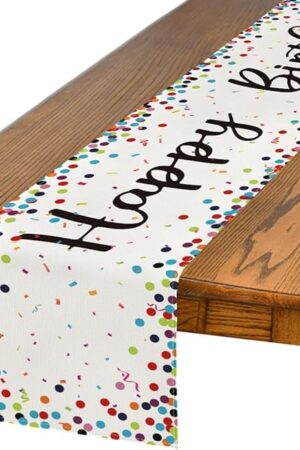 Artoid Mode Polka Dot Beige Happy Birthday Table Runner, Seasonal Kitchen Dining Table Decoration for Home Party Decor 13x72 Inch