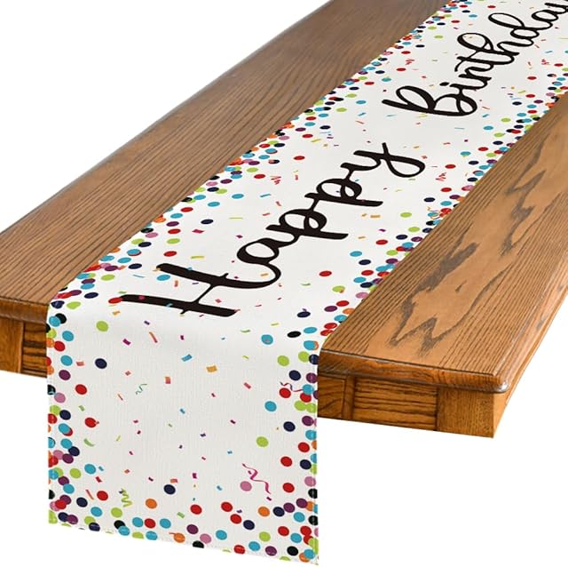 Artoid Mode Polka Dot Beige Happy Birthday Table Runner, Seasonal Kitchen Dining Table Decoration for Home Party Decor 13x72 Inch
