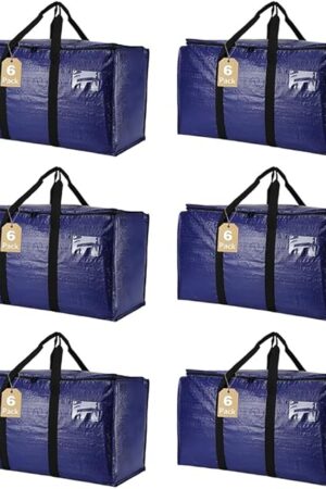 Cryster 6 Pack Moving Bags Heavy Duty, Extra Large Storage Totes Bag with Zippers and Sturdy Handles, Packing Bags for Moving, Storage, Travel, Space Saving, Moving Boxes College Essentials Blue