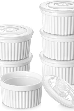 vancasso 8 oz Ramekins with Lid, Porcelain Creme Brulee Souffle Dishes, White Pudding Custard Cups Ramiken for Baking, Dishwasher and Oven Safe, Set of 6