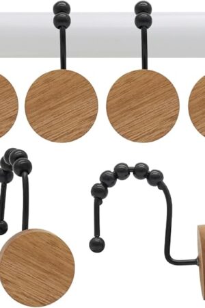 Wood Shower Curtain Hooks, Wooden Decorative Shower Curtain Rings, Modern Round Log Shower Curtain Hangers, 12PCS Shower Hooks for Shower Curtain Rod, Bathroom, Bedroom, Living Room (Black)