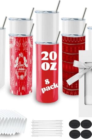 8 Pack Straight Sublimation Tumblers bulk 20 oz Skinny,Stainless Steel Double Wall Insulated Tumbler Cups Blank White with Lid, Straw, Individually Boxed,Polymer Coating for Heat Transfer