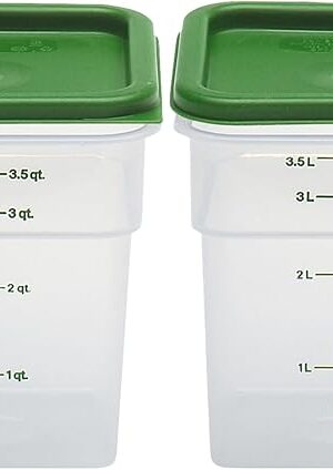 Cambro Food Storage Container with Lid (Microwave Safe and BPA-Free) - 2 Pack - Classic Series Square with Green Lid - 4 QT (Quart) - Commercial Grade for Food Prep (Translucent)