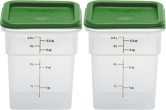 Cambro Food Storage Container with Lid (Microwave Safe and BPA-Free) - 2 Pack - Classic Series Square with Green Lid - 4 QT (Quart) - Commercial Grade for Food Prep (Translucent)