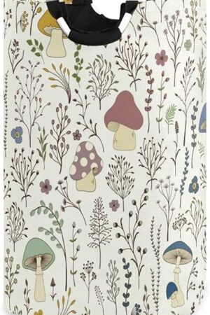 YETTASBIN Mushroom Laundry Hamper, Waterproof Foldable Laundry Basket Large Dirty Clothes Toys Storage Basket with Handle for Bathroom, Bedroom, Laundry Room, Playroom